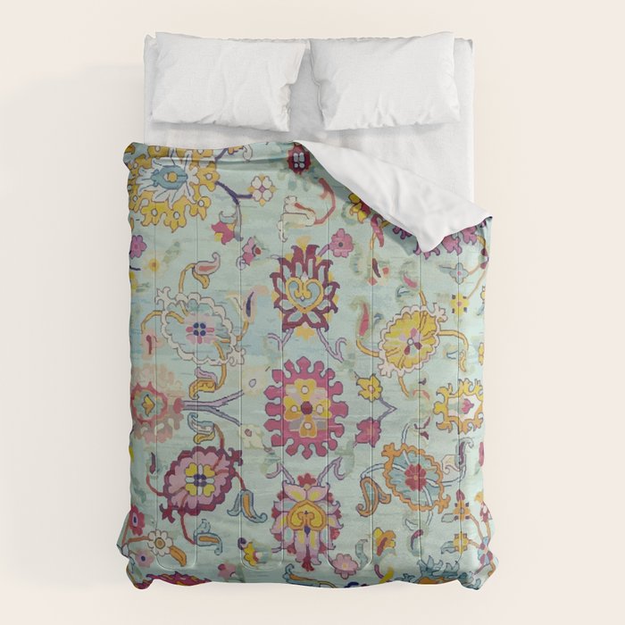 Turkish Oushak Blue Floral Rug Pattern Comforter