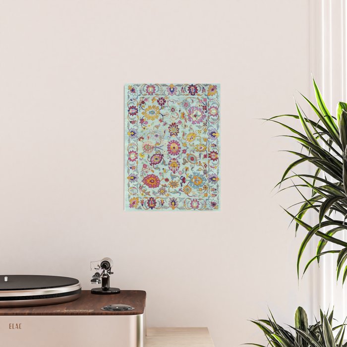 Turkish Oushak Blue Floral Rug Pattern Poster Gallery Image 2