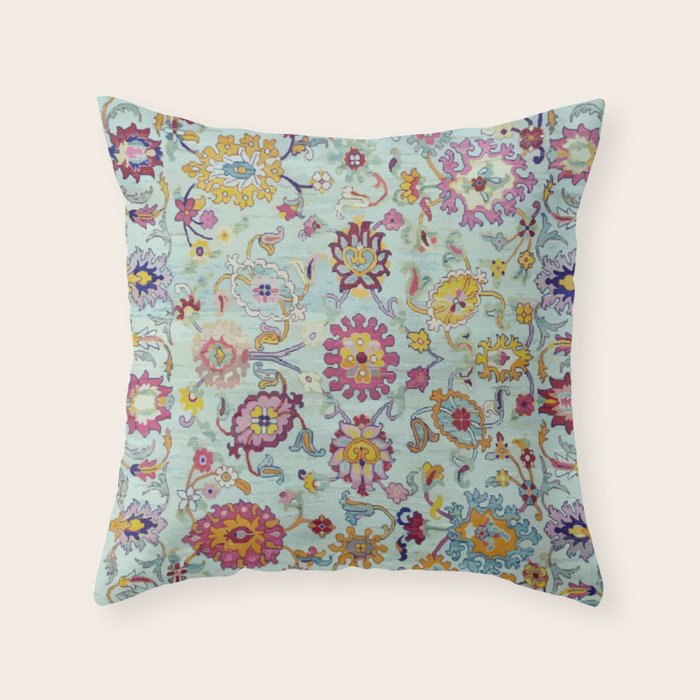 Turkish Oushak Blue Floral Rug Pattern Throw Pillow Gallery Image 1