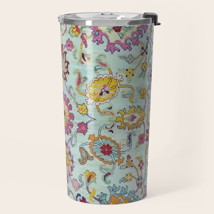 Turkish Oushak Blue Floral Rug Pattern Travel Mug Gallery Image 2