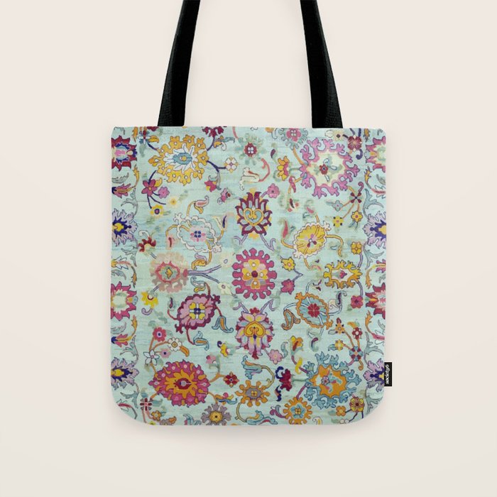 Turkish Oushak Blue Floral Rug Pattern Tote Bag Gallery Image 1