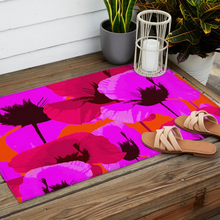 Pink And Red Poppies On A Orange Background - Summer Juicy Color Palette Retro Mood #decor #society6 Outdoor Rug Gallery Image 2