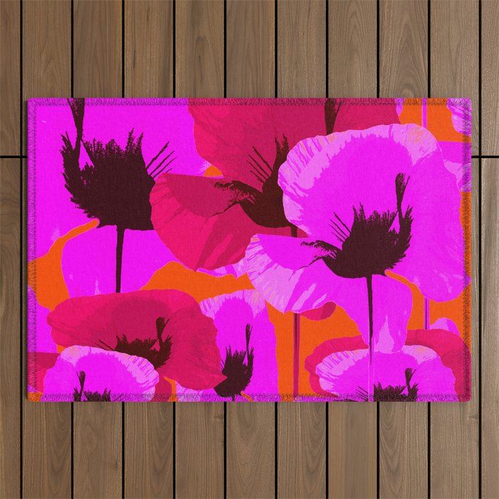 Pink And Red Poppies On A Orange Background - Summer Juicy Color Palette Retro Mood #decor #society6 Outdoor Rug Gallery Image 1