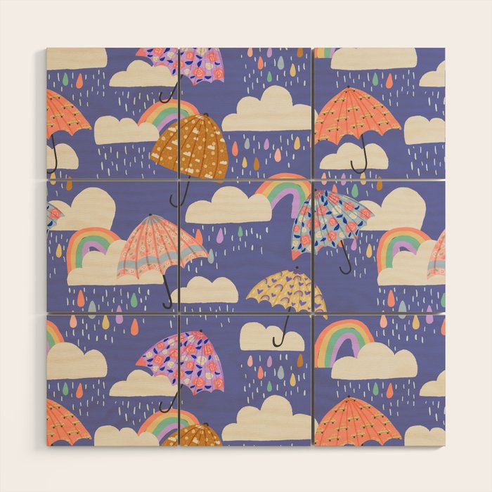 Spring Rain with Umbrellas Wood Wall Art Gallery Image 1
