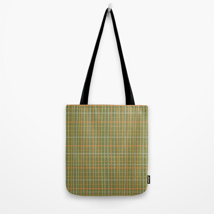 Irregular Plaid Pattern in Retro Olive Green Celadon Orange Tones Tote Bag Gallery Image 2