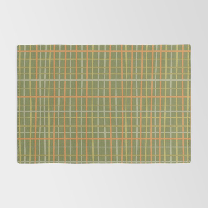Irregular Plaid Pattern in Retro Olive Green Celadon Orange Tones Rug Gallery Image 2