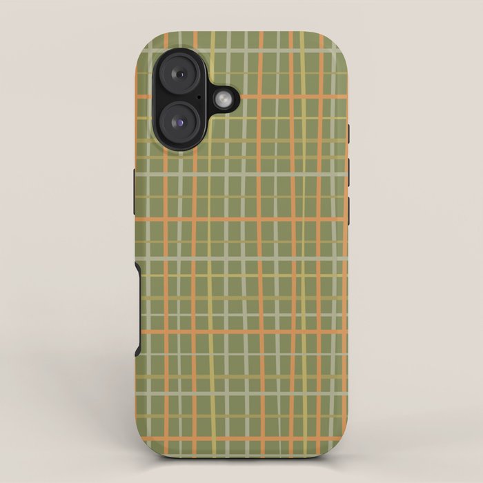 Irregular Plaid Pattern in Retro Olive Green Celadon Orange Tones iPhone Case Gallery Image 1