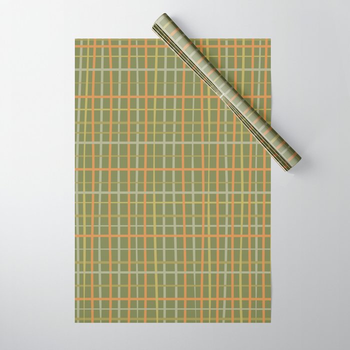 Irregular Plaid Pattern in Retro Olive Green Celadon Orange Tones Wrapping Paper Gallery Image 1