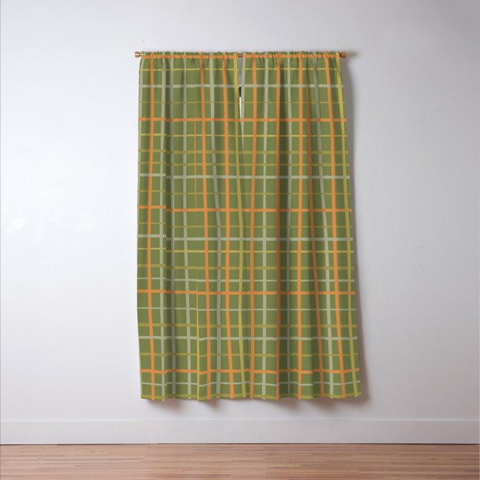 Irregular Plaid Pattern in Retro Olive Green Celadon Orange Tones Window Curtain Gallery Image 3