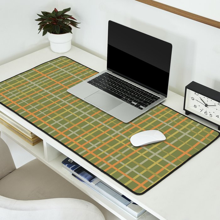 Irregular Plaid Pattern in Retro Olive Green Celadon Orange Tones Desk Mat Gallery Image 2