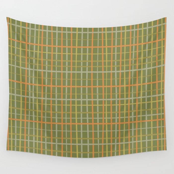 Irregular Plaid Pattern in Retro Olive Green Celadon Orange Tones Wall Tapestry Gallery Image 1