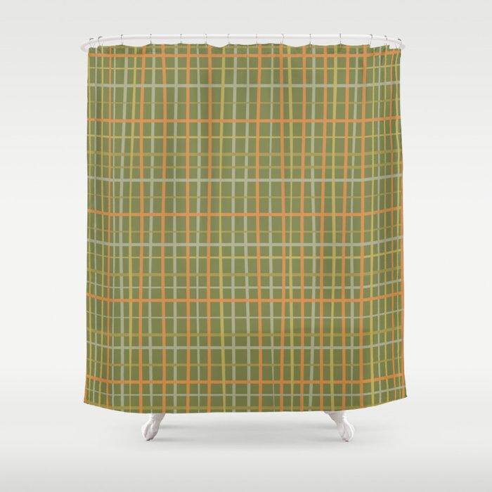 Irregular Plaid Pattern in Retro Olive Green Celadon Orange Tones Shower Curtain Gallery Image 1