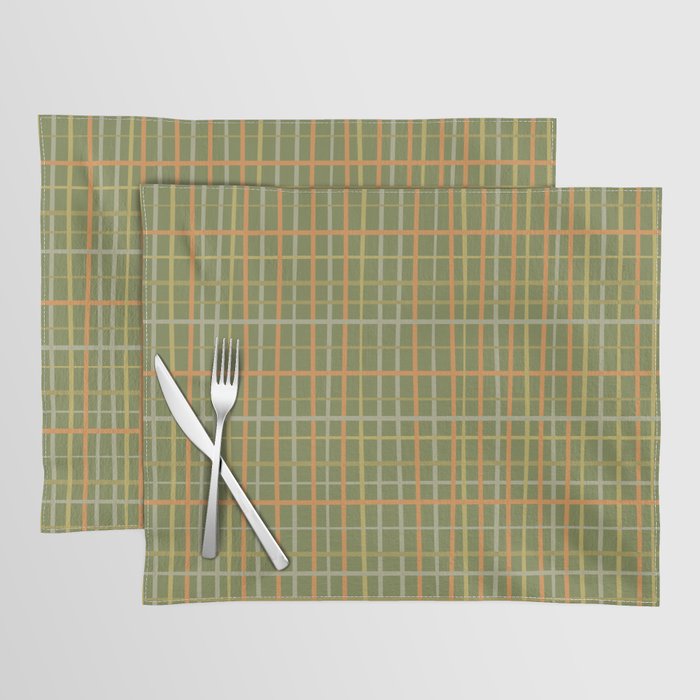 Irregular Plaid Pattern in Retro Olive Green Celadon Orange Tones Placemat Gallery Image 1