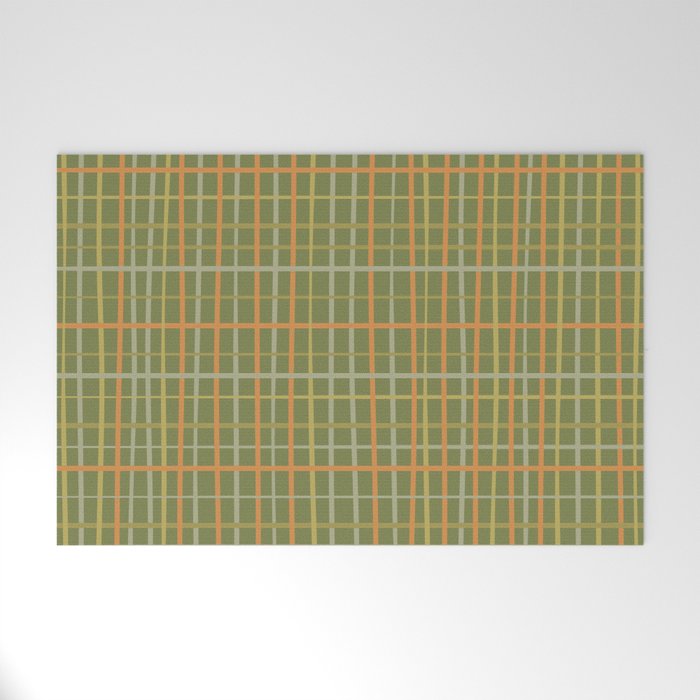 Irregular Plaid Pattern in Retro Olive Green Celadon Orange Tones Welcome Mat Gallery Image 1
