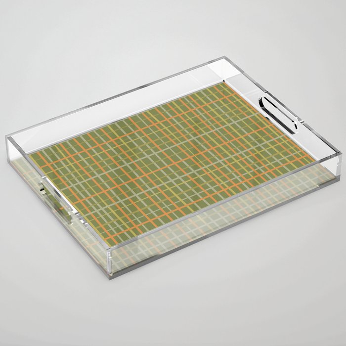Irregular Plaid Pattern in Retro Olive Green Celadon Orange Tones Acrylic Tray Gallery Image 1