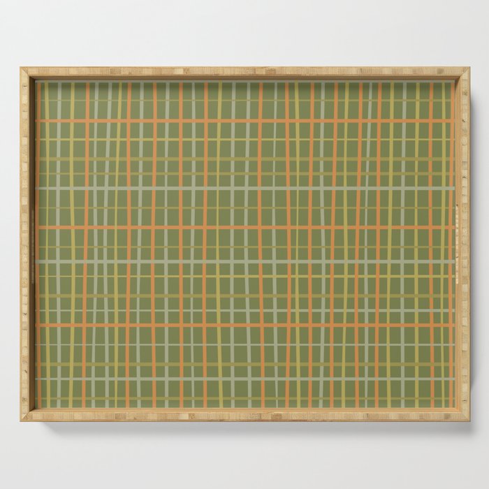 Irregular Plaid Pattern in Retro Olive Green Celadon Orange Tones Serving Tray Gallery Image 1