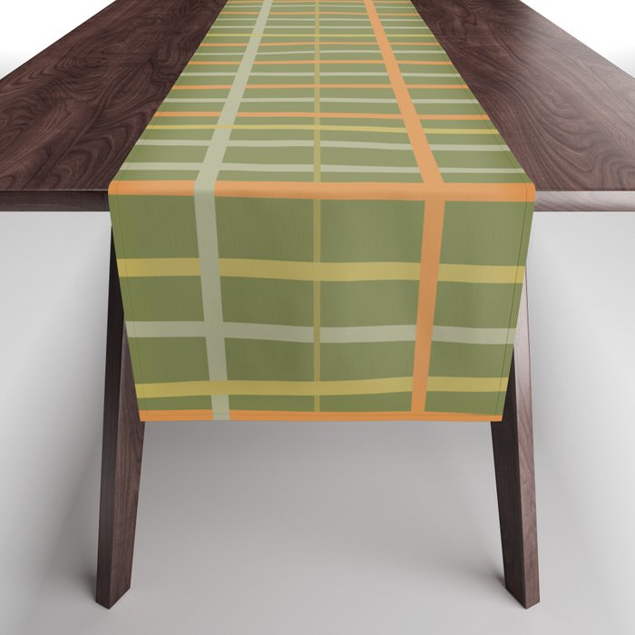 Irregular Plaid Pattern in Retro Olive Green Celadon Orange Tones Table Runner Gallery Image 1