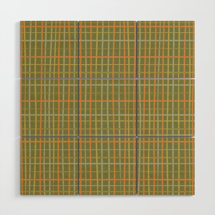 Irregular Plaid Pattern in Retro Olive Green Celadon Orange Tones Wood Wall Art Gallery Image 1
