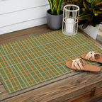 Irregular Plaid Pattern in Retro Olive Green Celadon Orange Tones Outdoor Rug Gallery Image 2