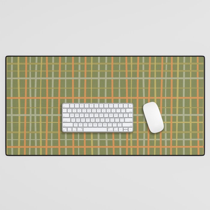 Irregular Plaid Pattern in Retro Olive Green Celadon Orange Tones Desk Mat Gallery Image 1