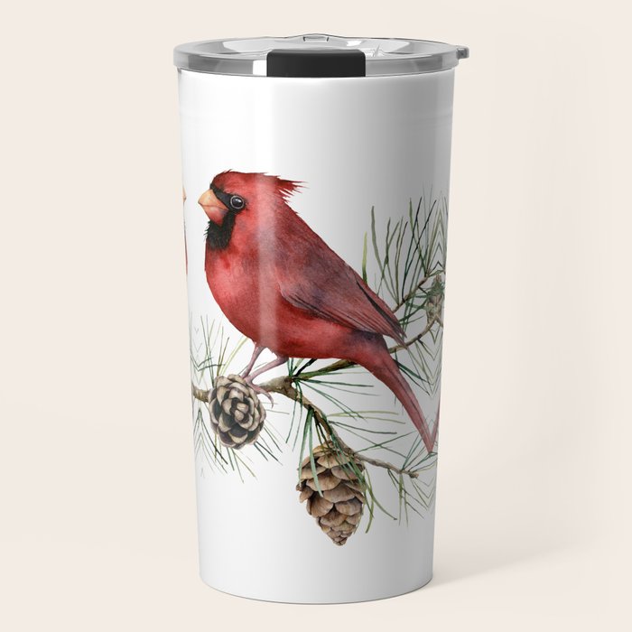 Christmas Red Cardinal Bird and Pine Watercolor Travel Mug Gallery Image 1