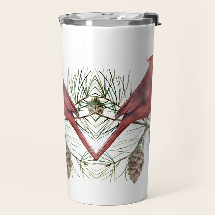Christmas Red Cardinal Bird and Pine Watercolor Travel Mug Gallery Image 2
