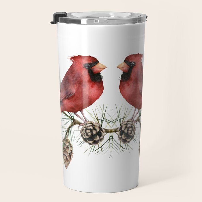 Christmas Red Cardinal Bird and Pine Watercolor Travel Mug Gallery Image 3