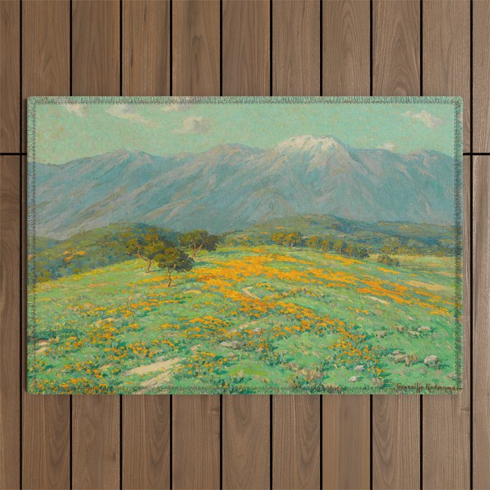 Granville Redmond snow cap spring landscape painting orange flowers green field Outdoor Rug Gallery Image 1