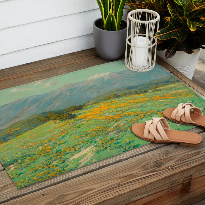 Granville Redmond snow cap spring landscape painting orange flowers green field Outdoor Rug Gallery Image 2