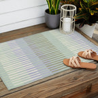 Block print geometrics stripes sage Outdoor Rug Gallery Image 2