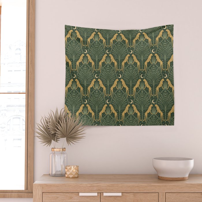 Night Cheetahs - Fern Green and Gold Wall Tapestry Gallery Image 2