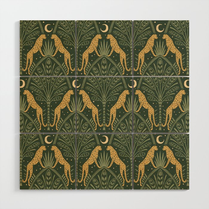 Night Cheetahs - Fern Green and Gold Wood Wall Art Gallery Image 1