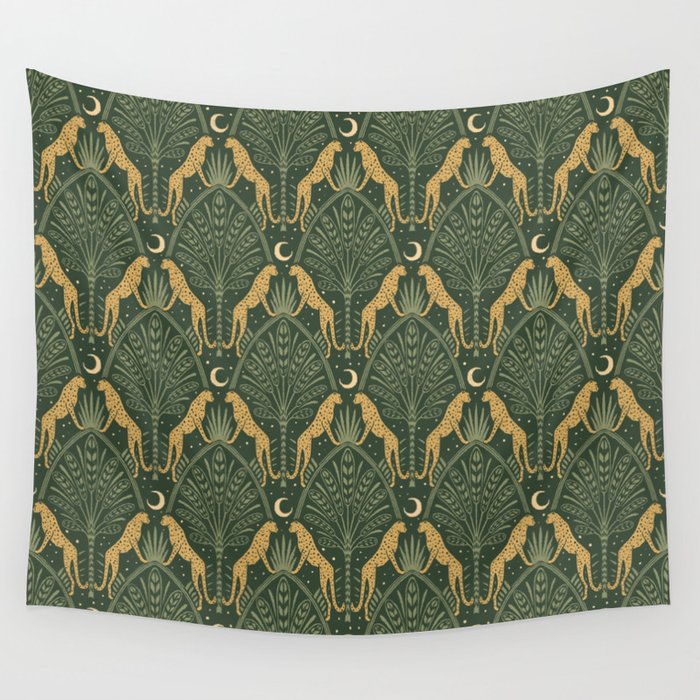 Night Cheetahs - Fern Green and Gold Wall Tapestry Gallery Image 1