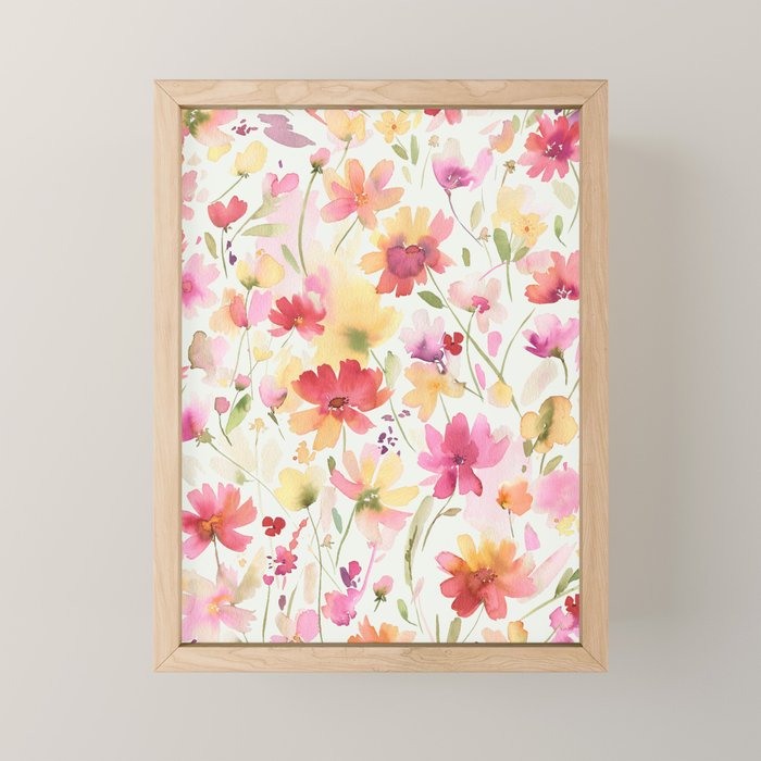 Natural Haze Spring Meadow Cosmos Wildflowers Magenta Red Yellow Mini Art Print Gallery Image 1