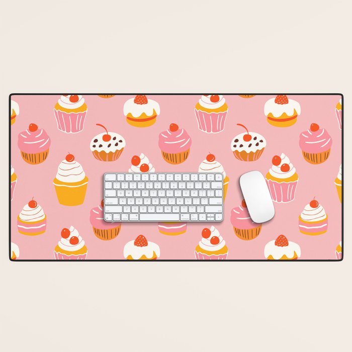 Pink cupcake cartoon food pattern Desk Mat Gallery Image 1
