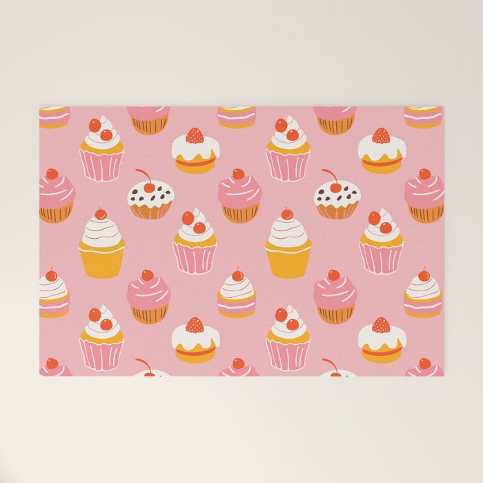 Pink cupcake cartoon food pattern Welcome Mat Gallery Image 1