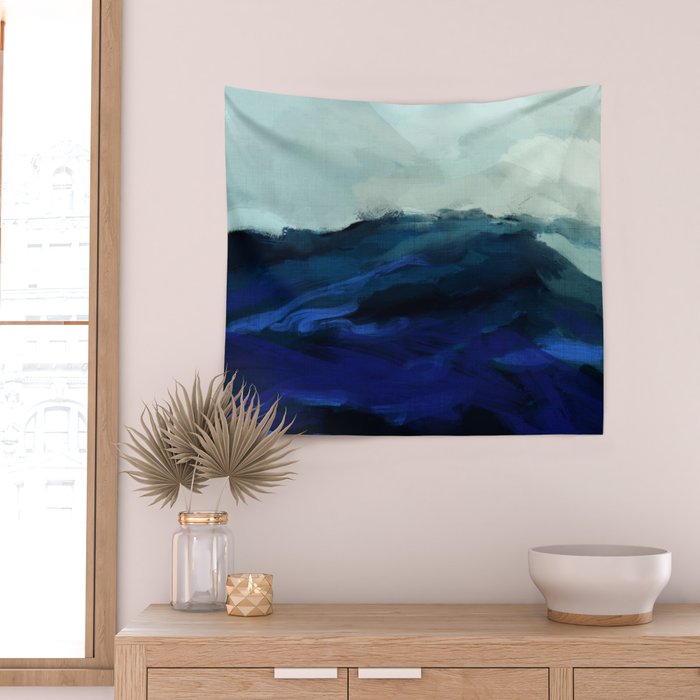 ocean wave blue abstract painting Wall Tapestry Gallery Image 2