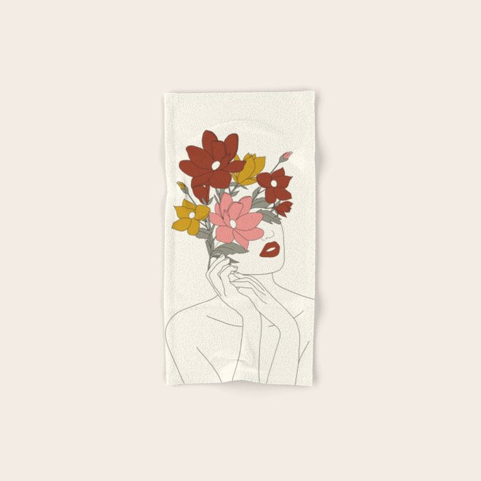 Colorful Thoughts Minimal Line Art Woman with Magnolia Bath Towel Gallery Image 1