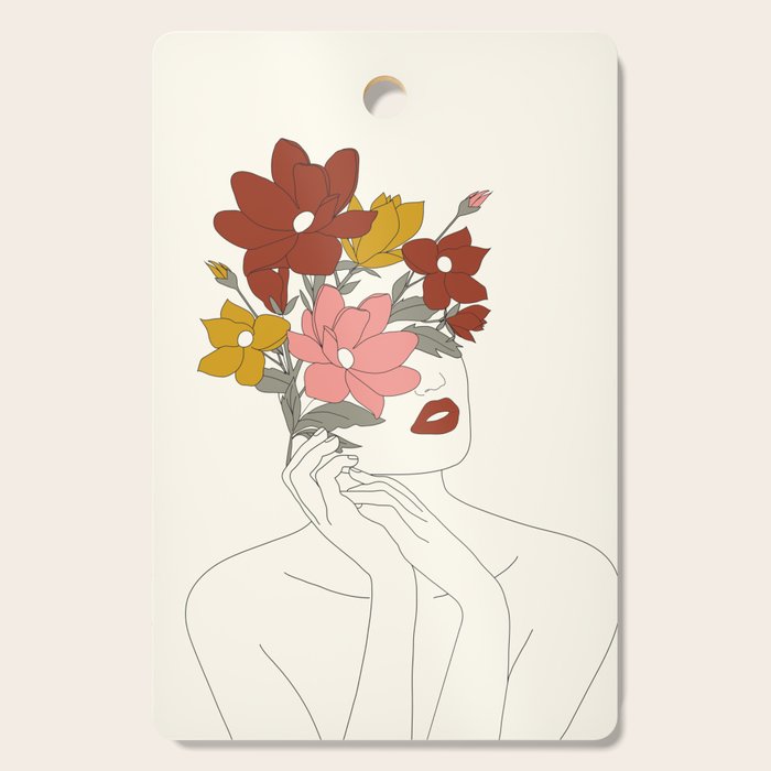 Colorful Thoughts Minimal Line Art Woman with Magnolia Cutting Board Gallery Image 1