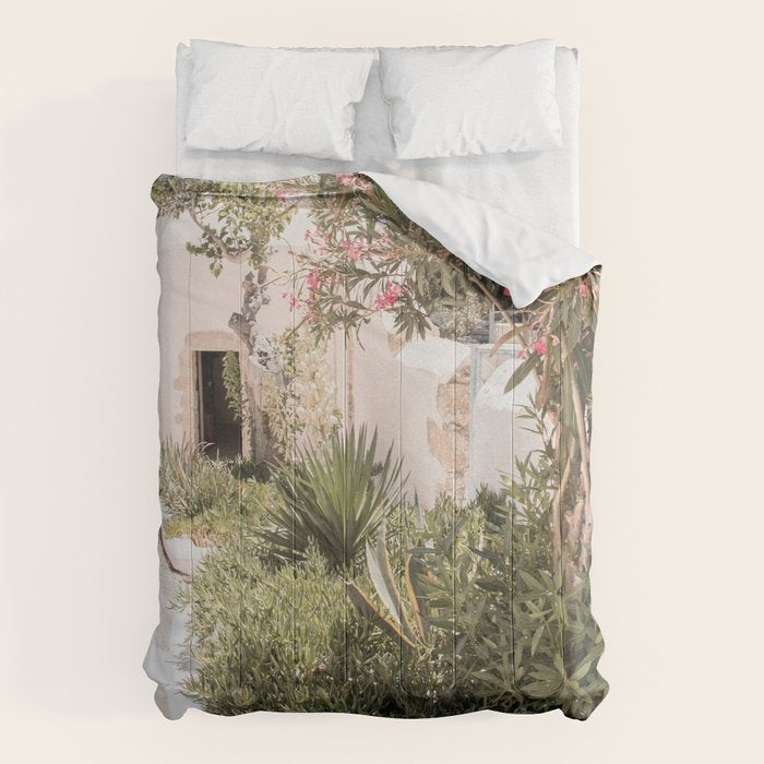 Greece Summer Scenery With Plants Photo | White Island Architecture Art Print | Europe Travel Photography Comforter Gallery Image 1