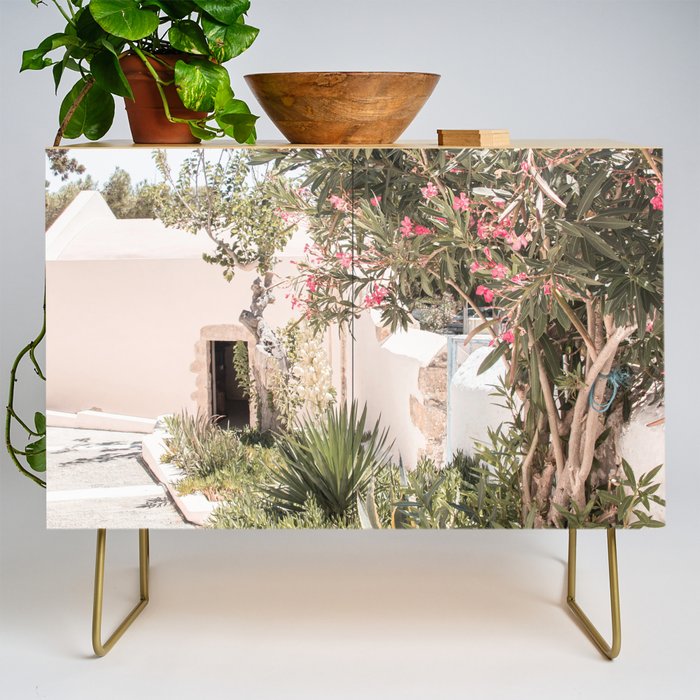 Greece Summer Scenery With Plants Photo | White Island Architecture Art Print | Europe Travel Photography Credenza Gallery Image 1