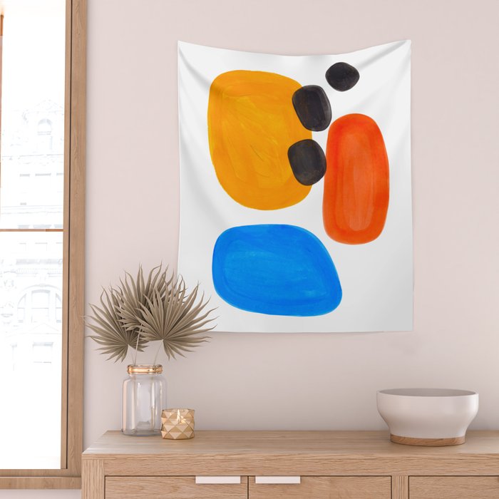 Abstract Mid Century Modern Colorful Minimal Pop Art Yellow Orange Blue Bubbles Ovals Wall Tapestry Gallery Image 2