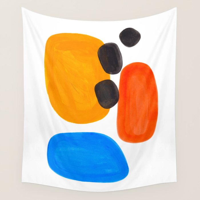 Abstract Mid Century Modern Colorful Minimal Pop Art Yellow Orange Blue Bubbles Ovals Wall Tapestry Gallery Image 4