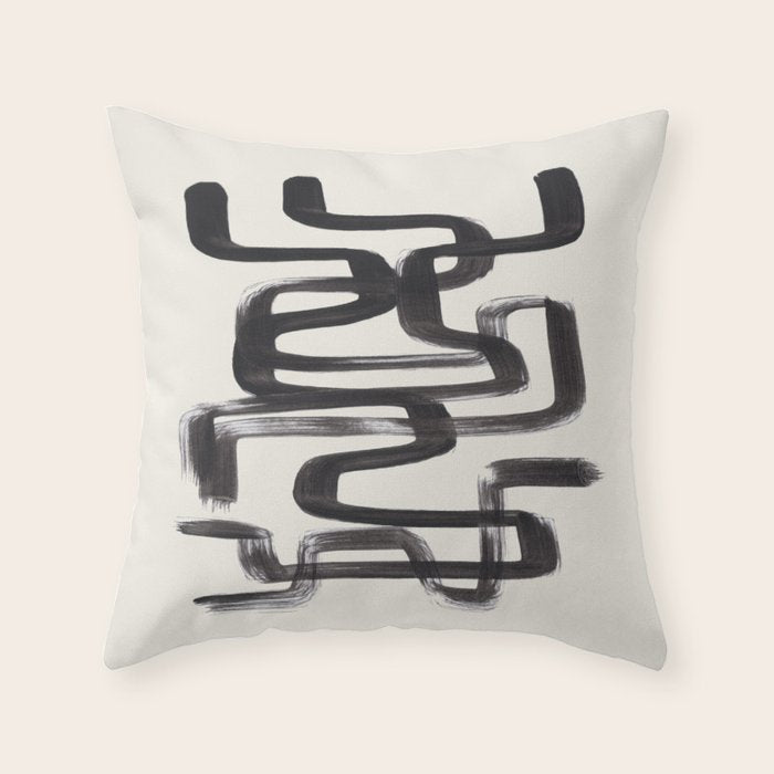Mid Century Modern Minimalist Abstract Art Brush Strokes Black & White Ink Art Pipe Maze Throw Pillow Gallery Image 6