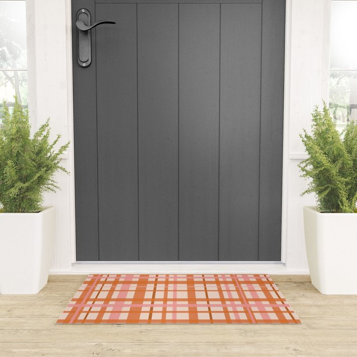 Retro Modern Plaid Pattern Pink Orange Cream Welcome Mat Gallery Image 3
