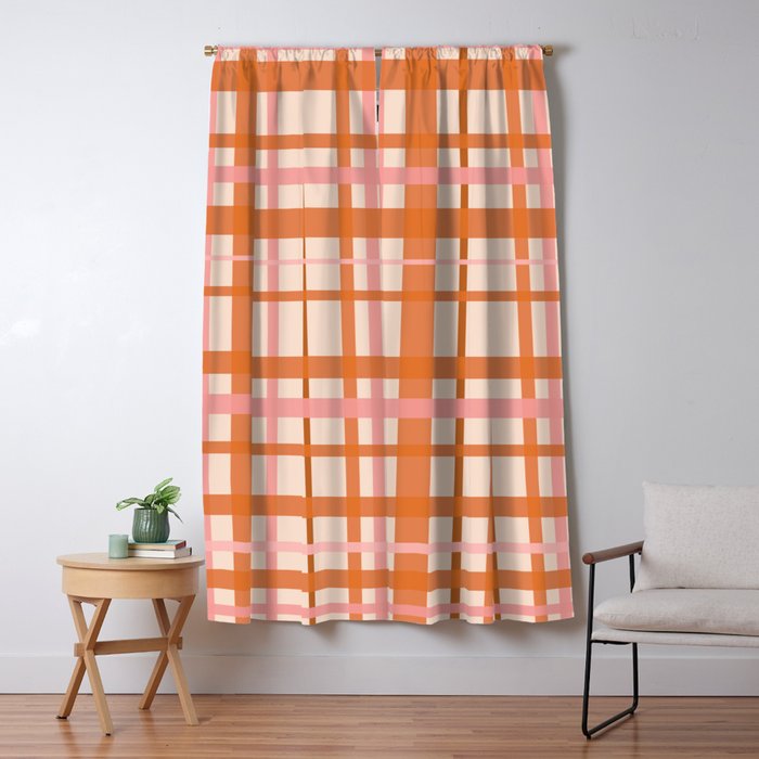 Retro Modern Plaid Pattern Pink Orange Cream Window Curtain Gallery Image 5