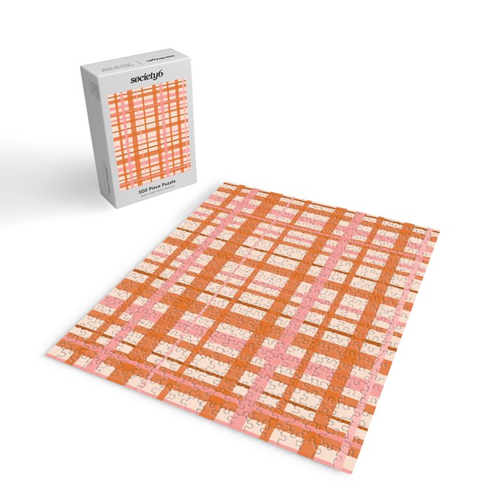 Retro Modern Plaid Pattern Pink Orange Cream Jigsaw Puzzle Gallery Image 2