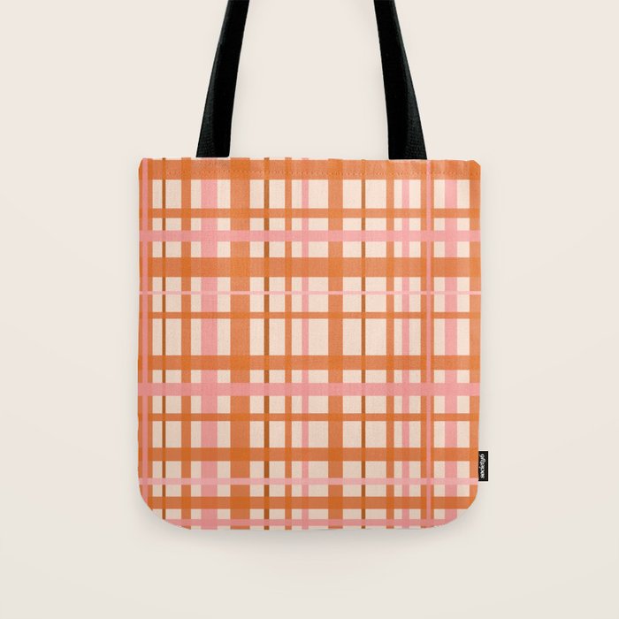 Retro Modern Plaid Pattern Pink Orange Cream Tote Bag Gallery Image 1