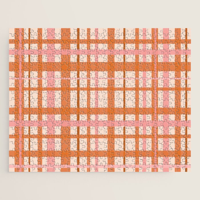 Retro Modern Plaid Pattern Pink Orange Cream Jigsaw Puzzle Gallery Image 1