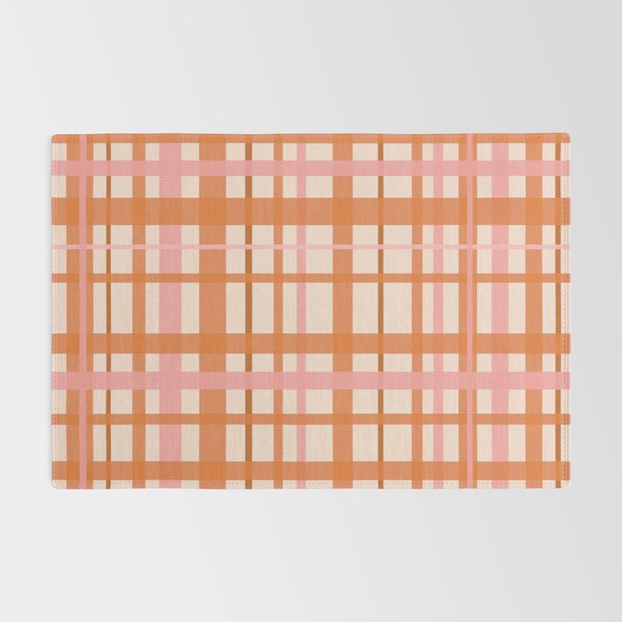 Retro Modern Plaid Pattern Pink Orange Cream Rug Gallery Image 2